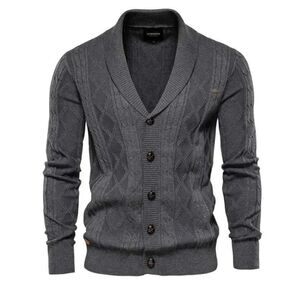 Aiopeson Men's Argyle Cable Knit Cotton Blend Cardigan Sweater Dark Gray 3XL